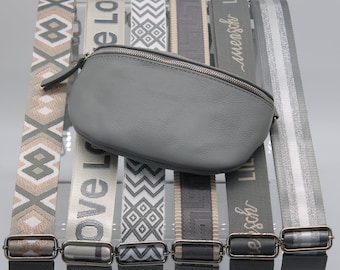 Gray Leather Belly Bag for Women with extra Patterned Straps, Leather Shoulder Bag, Crossbody Bag with Different Sizes