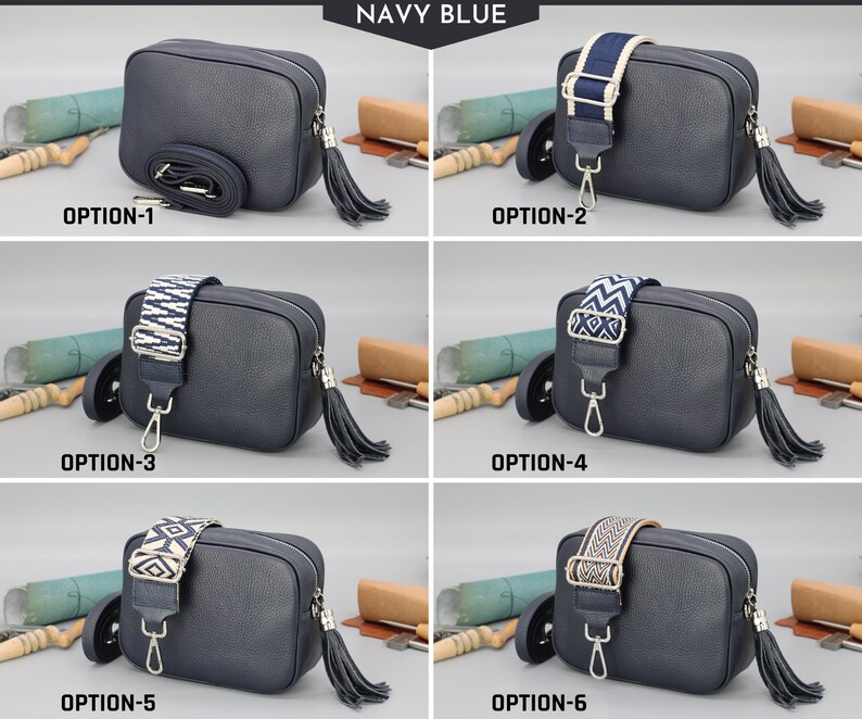 Leder Crossbody Schultertasche für Frauen mit extra gemusterten Riemen, Leder Schultertasche, Crossbody Bag mit verschiedenen Farben Navy Blue