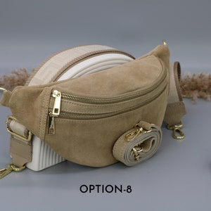 Sac de ventre en cuir taupe en daim pour femmes avec options de sangle à motifs supplémentaires, sac à bandoulière en cuir, sac crossbody avec différentes couleurs Option-8