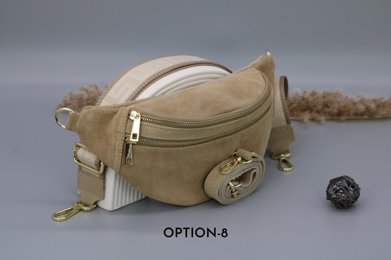 Sac de ventre en cuir taupe en daim pour femmes avec options de sangle à motifs supplémentaires, sac à bandoulière en cuir, sac crossbody avec différentes couleurs Option-8