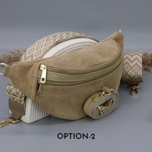 Sac de ventre en cuir taupe en daim pour femmes avec options de sangle à motifs supplémentaires, sac à bandoulière en cuir, sac crossbody avec différentes couleurs Option-2