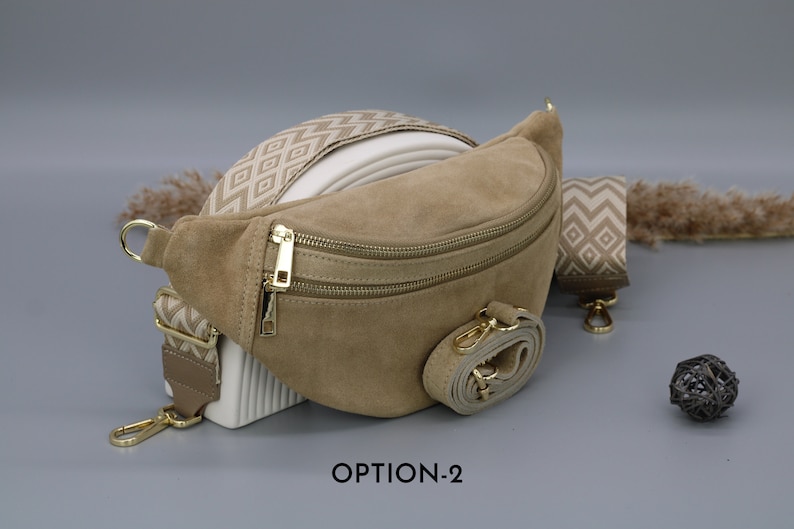 Sac de ventre en cuir taupe en daim pour femmes avec options de sangle à motifs supplémentaires, sac à bandoulière en cuir, sac crossbody avec différentes couleurs Option-2