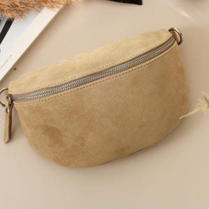 Handmade Suede Leather Belt Bag: Taupe Crossbody with Patterned Strap