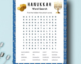 Hanukkah Word Search Puzzle; Printable Jewish Holiday Activity; Kids' Game PDF Download