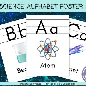 Könnte beinhalten: Ein wissenschaftliches Alphabet-Poster-Set mit den Buchstaben A, B und C, jeweils mit einem wissenschaftsbezogenen Bild. Der Buchstabe A zeigt ein Atom, B einen Becher und C einen Kometen. Das Set umfasst 26 Seiten und hat das US Letter-Format.