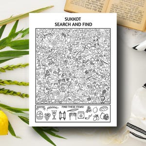 May include: A black and white Sukkot search and find activity sheet featuring a dense grid of various small line-art illustrations, with the text SUKKOT SEARCH AND FIND at the top and FIND THESE ITEMS at the bottom, showcasing a variety of icons.