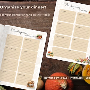 Piano alimentare per la cena del Ringraziamento e lista della spesa, download immediato stampabile, organizzatore per la cena delle feste