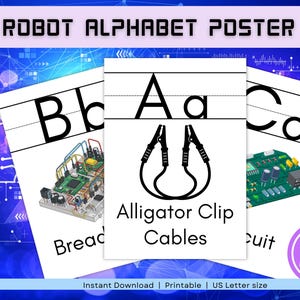 May include: Robot Alphabet Poster Set with letters A, B, and C. Each letter is paired with an image: alligator clip cables, a breadboard, and a circuit board. The set includes 26 pages and is US Letter size.