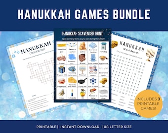 Hanukkah Games Bundle: Jewish Holiday Activity (PDF Download); Word Search, Crossword Puzzle, Scavenger Hunt