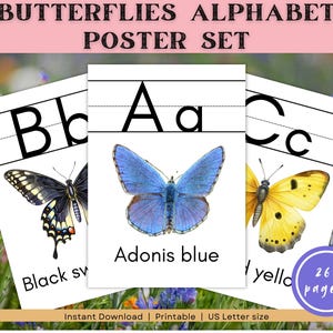 Może przedstawiać: Zestaw trzech plakatów z alfabetem z ilustracjami motyli. Plakaty przedstawiają litery B, A i C, każda z obrazem motyla i jego nazwą. Zestaw plakatów zawiera 26 stron i jest w formacie US Letter.