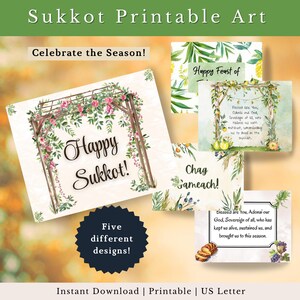 Puede incluir: Arte imprimible de Sucot con cinco diseños. Cada diseño incluye ilustraciones florales y de arcos con texto como "Happy Sukkot!" y "Chag Sameach!" Los diseños son de estilo acuarela con fondo claro.
