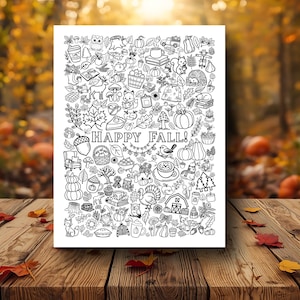 May include: A white rectangular coloring page featuring black line art illustrations of autumn-themed items including pumpkins, leaves, woodland animals, mushrooms, and a coffee cup, with the text HAPPY FALL! centered in the middle of the page.