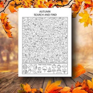以下が含まれることがあります： AUTUMN SEARCH AND FINDというタイトルの白黒のアクティビティシート。様々な物体や動物の小さな線画で埋め尽くされた大きなグリッドと、FIND THESE ITEMSとラベル付けされた特定のアイコンを示す下部セクションで構成されています。