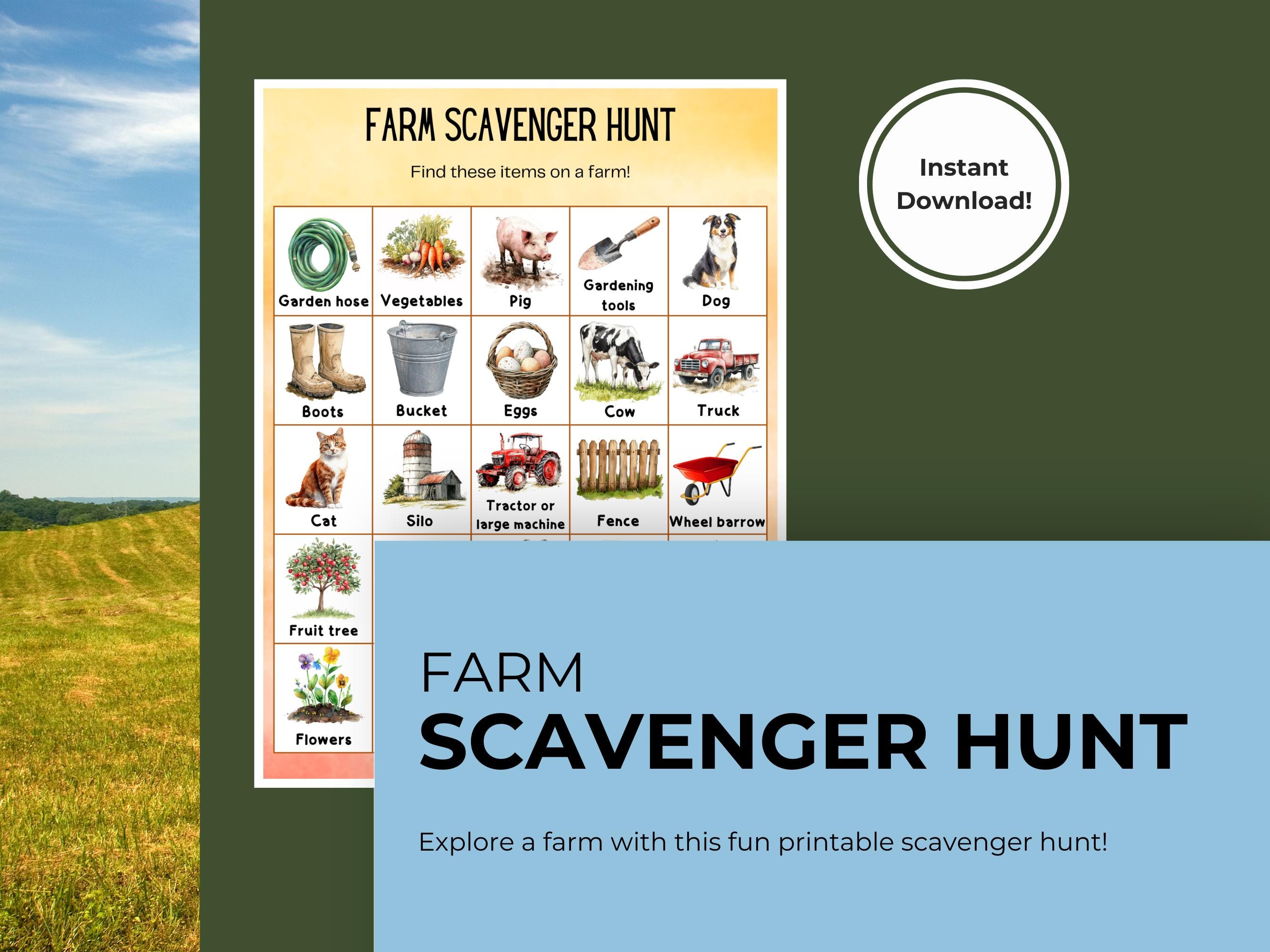 Farm Scavenger Hunt; Printable Outdoors Field Trip Activity Game for ...