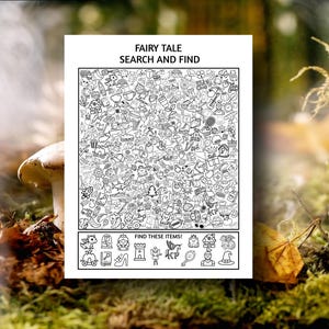Puede incluir: Una hoja de actividades en blanco y negro "Fairy Tale Search and Find". La hoja está llena de varias ilustraciones pequeñas de objetos temáticos de cuentos de hadas. La parte inferior de la hoja tiene una lista de elementos para encontrar. El fondo es una imagen borrosa de un bosque.