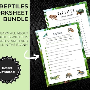 May include: Reptiles-themed worksheets, including a word search and fill-in-the-blank exercises. The bundle features illustrations of reptiles and the text "REPTILES WORKSHEET BUNDLE" and "Instant Download!"