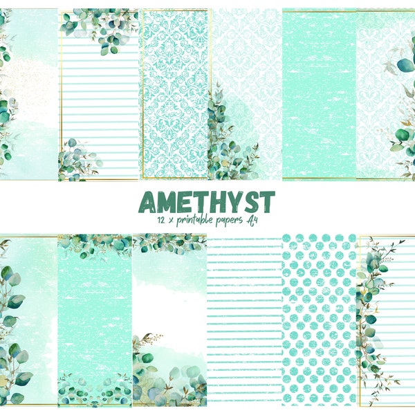 AMETHYST - 12x bedruckbares Papier A4, Zielony Papier Cyfrowy, Scrapbook Papier, Blätter, Eukalyptus, besondere Gelegenheit, liście,