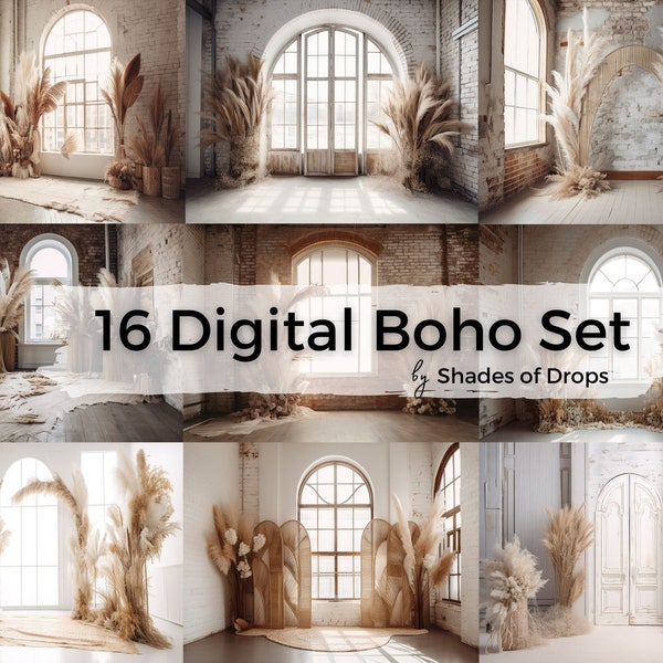 16 Digital Backdrops, Boho Indoor Maternity Sets, Maternity Backdrop Overlays, Photography Digital Backgrounds, Photoshop Textures Overlays