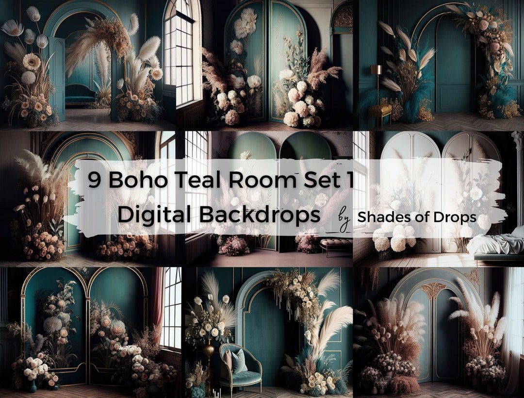 9 Digital Backdrops, Boho Teal Floral Rooms, Maternity Backdrop ...