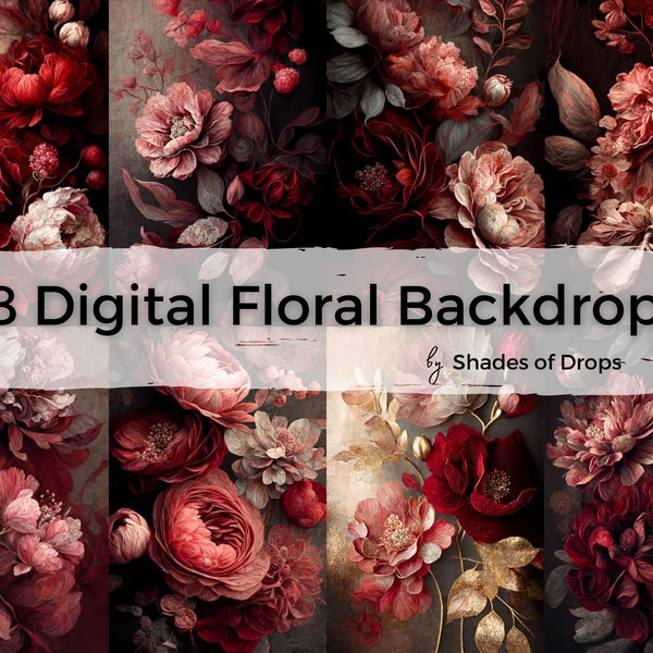 8 Fine Art Floral Digital Backdrops, Red Maternity Backdrop Overlays, Photography Digital Background Overlays, Photoshop Textures Overlays