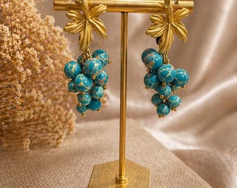 Pendientes llamativos con racimo de turquesas, colgantes de hojas de oro, joyería veraniega atrevida