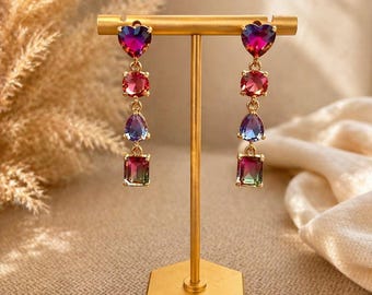 Orecchini a lampadario placcati in oro 18 carati, orecchini pendenti con zirconi cubici, orecchini pendenti con pietre preziose colorate, perni in argento sterling 925 ipoallergenico, Statemen