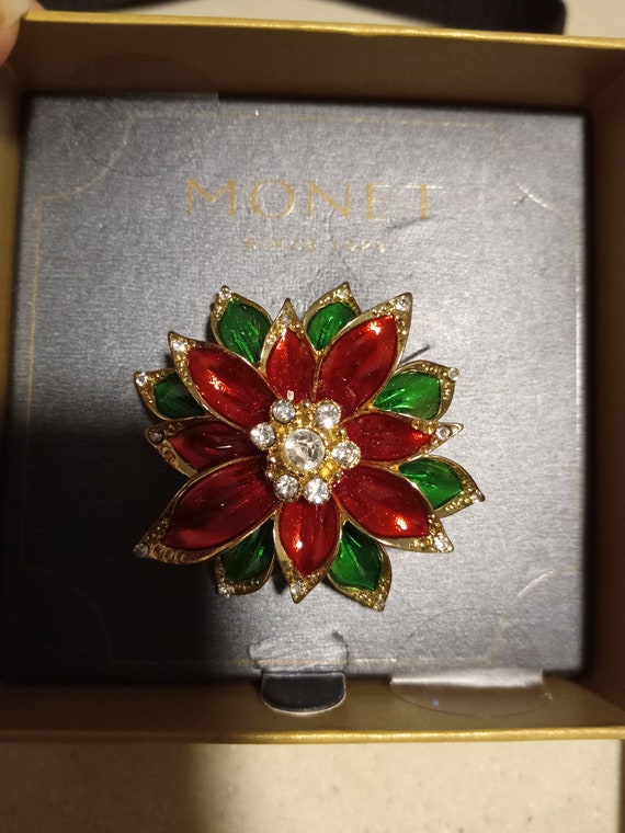 vintage Monet poinsettia enamel brooch pin