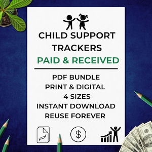 Pode incluir: Uma folha branca com as palavras "CHILD SUPPORT TRACKERS PAID & RECEIVED" em preto e verde. A folha também diz "PDF BUNDLE IMPRESSÃO E DIGITAL 4 TAMANHOS DOWNLOAD INSTANTÂNEO REUTILIZAR PARA SEMPRE". Existem ícones de crianças, um documento, um cifrão e um gráfico ascendente.