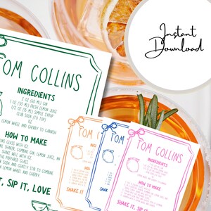 May include: Printable recipe cards for a Tom Collins cocktail. The cards are green, blue, and pink with a white background. The recipe includes ingredients and instructions for making the cocktail. The text on the cards reads "Tom Collins" and "Shake it, Sip it, Love".