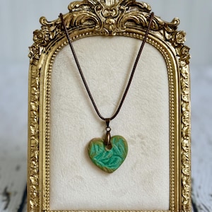 Green Ceramic Heart Necklace, Handmade Pottery Pendant, Rustic Botanical Gift