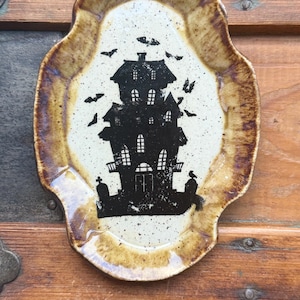 Handmade Stoneware Haunted House Trinket Dish, Halloween Pottery Jewelry Tray
