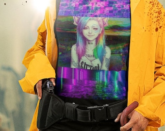May include: A black t-shirt featuring a colourful graphic print of a woman with rainbow hair and cat ears. The graphic has a glitch effect and the text "SHROOM" is visible.