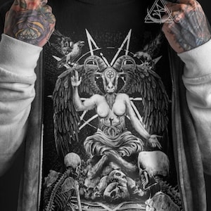 Baphomet T-Shirt, Hail Satan T-Shirt, Atheist Pagan Pentagram Heavy Metal Tee, Goth, Skeleton shirt, Baphomet shirt, Satanist Shirt, Satan