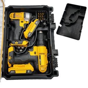 May include: A black and yellow power tool kit with a clear lid. The kit contains a drill, an impact driver, batteries, and drill bits. The tools are yellow and black, with the batteries labeled "20V". The kit also includes a black plastic insert labeled "Tidy Tool".
