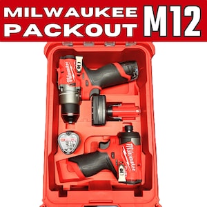 May include: Red Milwaukee Packout case with M12 tools. The case is open, revealing a drill, impact driver, and other accessories. The tools are red and black, with the Milwaukee logo visible. The case has the text "MILWAUKEE PACKOUT M12" in white and red.