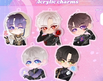 Può includere: Cinque ciondoli in acrilico raffiguranti personaggi in stile anime con diversi colori di capelli e abiti. Il testo recita LAD 2nd Birthday Acrylic charms, Attachement 29 e PREORDER. Ogni ciondolo include una piccola grafica con il numero 2.