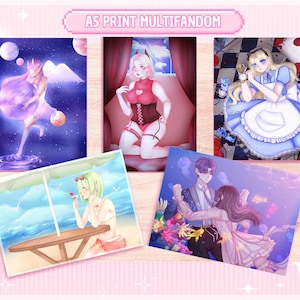 May include: A collection of A5 print art featuring various anime-style illustrations. The prints showcase characters in fantasy settings, including a celestial figure, a character in a red outfit, Alice in Wonderland, a beach scene, and a couple dancing underwater.