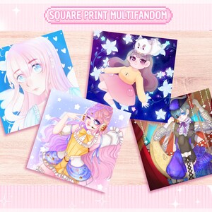 May include: Square prints featuring anime-style illustrations. The prints showcase colorful characters with detailed features, set against various backgrounds. The prints are arranged on a light wood surface, with the text "SQUARE PRINT MULTIFANDOM" at the top.