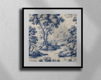 Scena francuskiej wsi, klasyczny dekoracyjny wydruk, elegancka sztuka ścienna, wystrój domu inspirowany stylem vintage, wydruk artystyczny w stylu chinoiserie, wydruk artystyczny w stylu toile