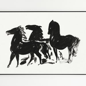 ABSTRACT HORSE Art, Triplets Wall Décor, Rectangular Wall Art, 3 Black Horses Cubist Style Leo Gestel Painting Home Décor for Animal Lover