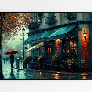 RAINY PAINTING, PARIS Art Print, Rain Wall Art, Unique Paris Street Bakery in Rainy Day Print Poster Bakery Wall Art Decor