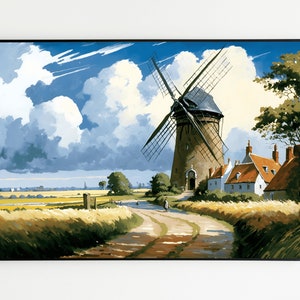 Puede incluir: Una pintura de un molino de viento en un entorno rural. El molino de viento es marrón con detalles blancos y tiene un techo azul. El molino de viento está rodeado de árboles verdes y un camino de tierra. El cielo es azul con nubes blancas.