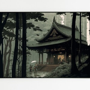 Traditional Wooden Temple On A Rainy Day, Ukiyo-e Japanese Wall Art, Home Decor, Japanese Wall Decor