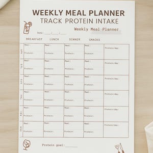 May include: A weekly meal planner on a white paper, designed to track protein intake. The planner includes sections for breakfast, lunch, dinner, and snacks, with space to record protein intake per meal and per day. The top of the page reads "Weekly Meal Planner Track Protein Intake."
