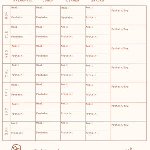 May include: A beige weekly meal planner with sections for breakfast, lunch, dinner, and snacks. It includes spaces to track meals and protein intake daily. The planner has a simple, clean design with the text "Weekly Meal Planner".