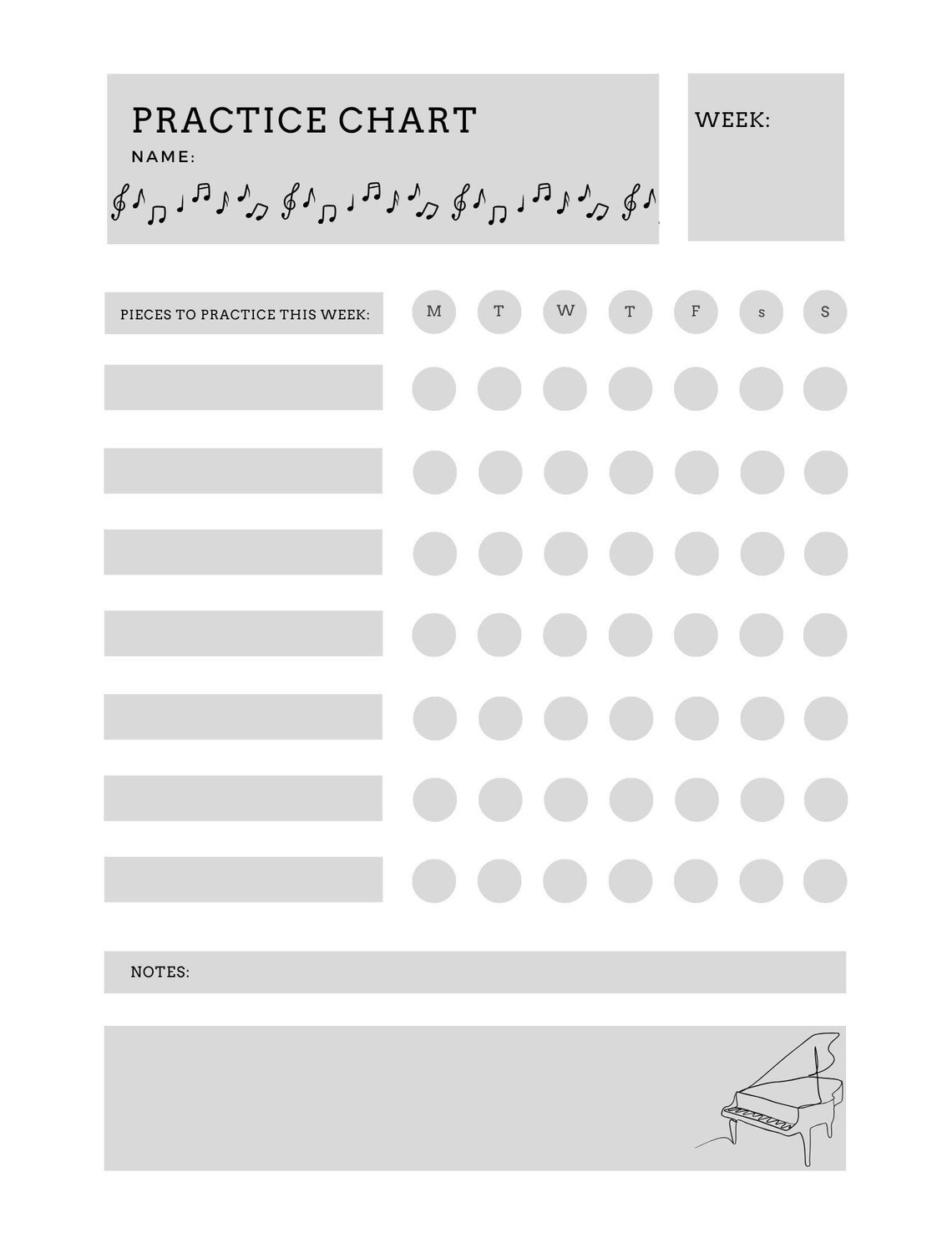 Music Practice Chart for Student, Weekly Practice Tracker, Printable ...