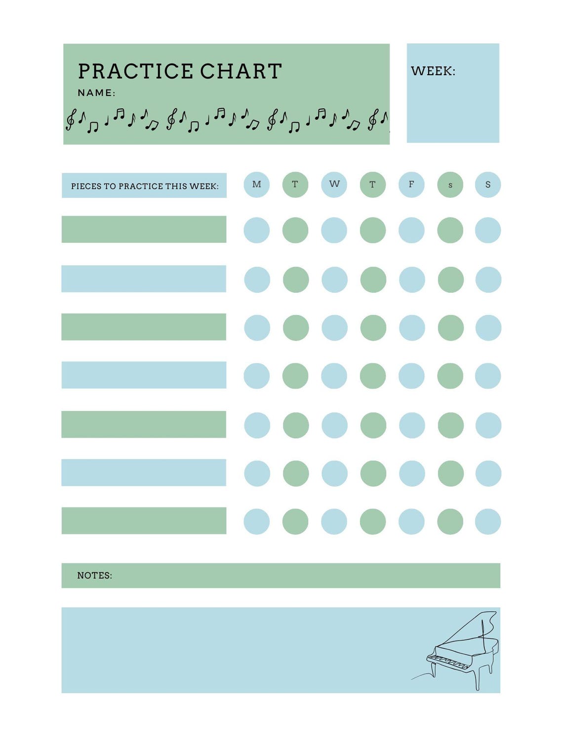 Music Practice Chart for Student, Weekly Practice Tracker, Printable ...