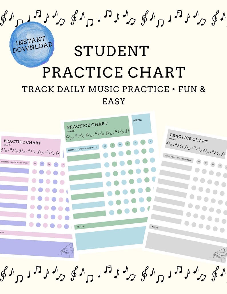 Music Practice Chart for Student, Weekly Practice Tracker, Printable ...