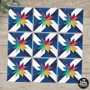 Cosmic Rays 4 maten FPP Stars-quiltblokpatronen. Kleurcodering op 3 manieren. 6 projectlay-outkaarten. Volledige fotografische FPP-instructies inbegrepen.