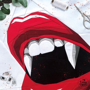 Patrón de bloque de colcha Beso de Vampiro: Diseño de Halloween de 18" con técnica de patchwork sobre papel (Descarga digital)